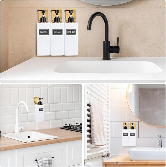 Segbeauty Non-Drilling Adhesive Bottle Holder, 3pcs Bathroom Bottle Dispenser Holder, Dia 1.1" 2.8cm Lotion bottle Wall Mount, Rustproof Shampoo Bottle Holder Wall Hanging Rack for Kitchen Toilet Gold