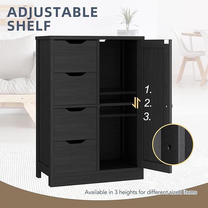Walsunny Bathroom Floor Storage Cabinet, Wooden Storage Organizer with 4 Drawers and 1 Cupboard, Freestanding Entryway Storage Unit Console Table(Black)