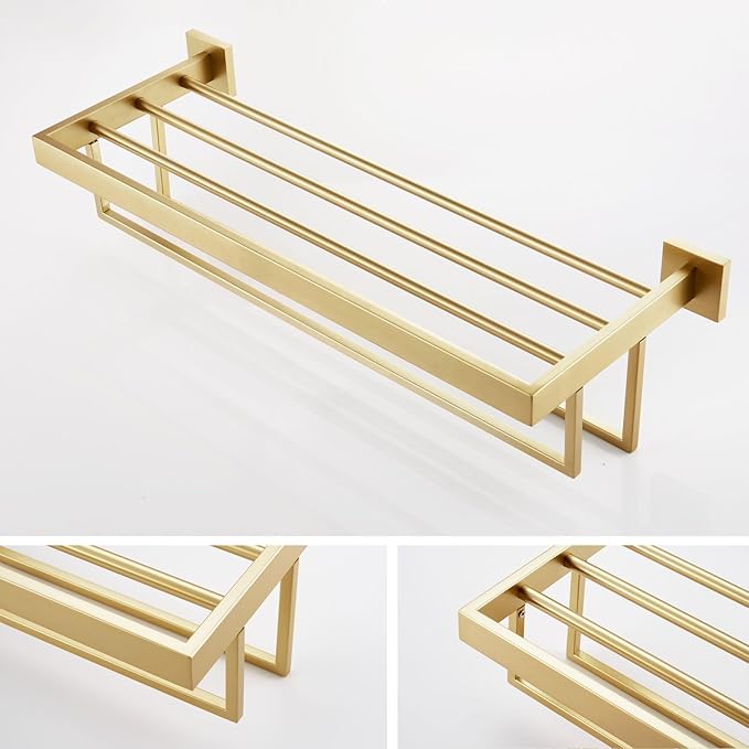 KOKOSIRI Towel Shelf Holder 20'' Bathroom Towel Rack with Two Bath Towel Bars Rails SUS304 Stainless Steel Wall Mount, Brushed Gold B6003BG-L20