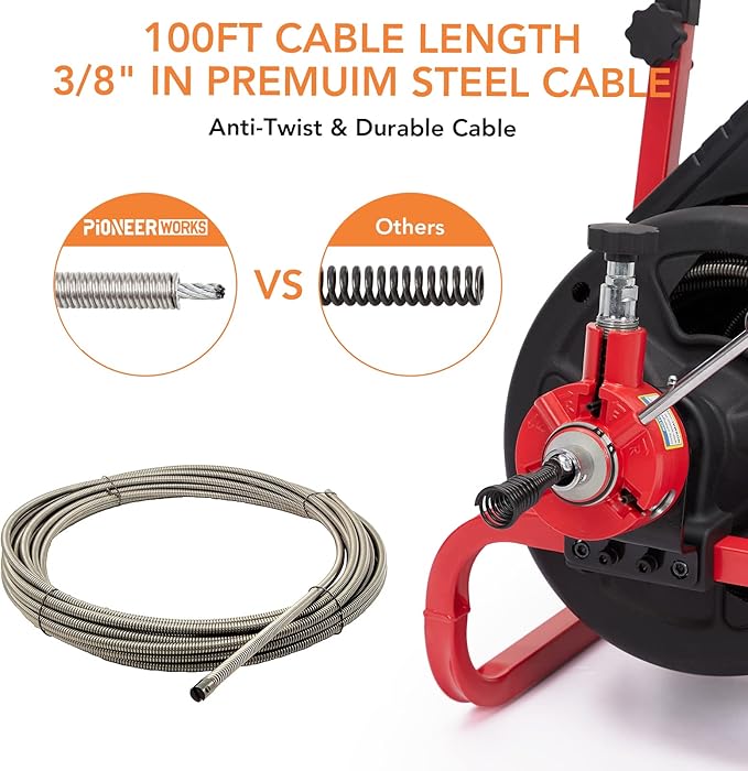 Heavy Duty Electric Drain Cleaner Machine, 100 Ft x 3/8 Inch Sewer Snake, 370w Auto-Feed, 6 Interchangeable Cutters, Gloves, Portable Pipe Cleaning Tool for 2-4 Inch Pipes
