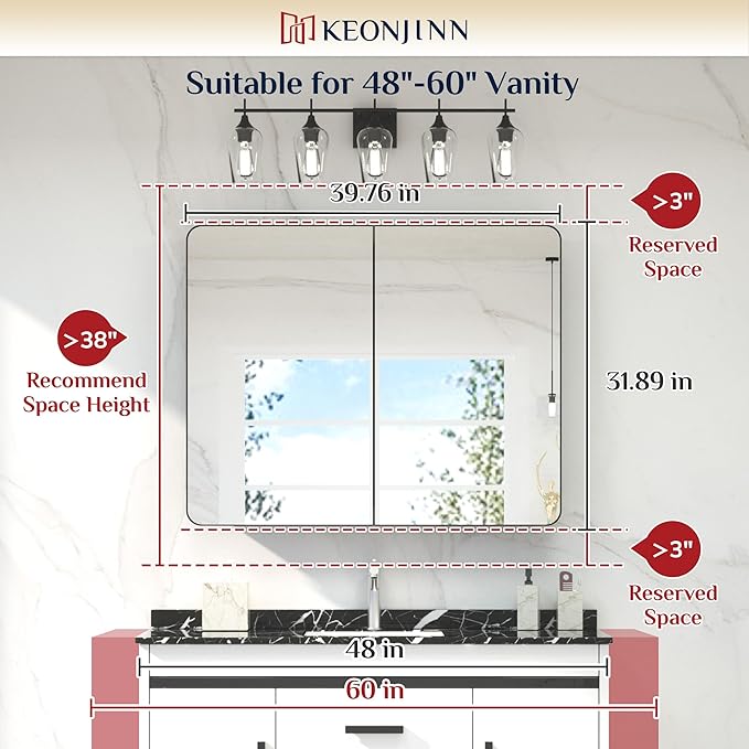 Keonjinn 40 x 32 Inch Large Black Medicine Cabinets, Recessed Bathroom Medicine Cabinet, Gloss Black Stainless Steel Framed, Sturdy & Heavy, Adjustable Shelves, Oversized Bathroom Mirror with Storage
