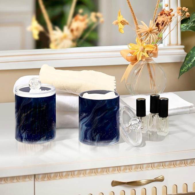 MNSRUU 2 Pack Qtip Holder Organizer Dispenser Beautiful Navy Blue Marble Bathroom Storage Canister Cotton Ball Holder Bathroom Containers for Cotton Swabs/Pads/Floss