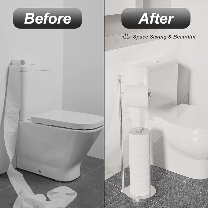 Toilet Paper Holder for Bathroom, Heavy Weighted Metal Free Standing Toilet Paper Storage with Crystal Ball, Toilet Paper Stand for Bathroom Accessories, Brushed Nickel [Holds MEGA Rolls]