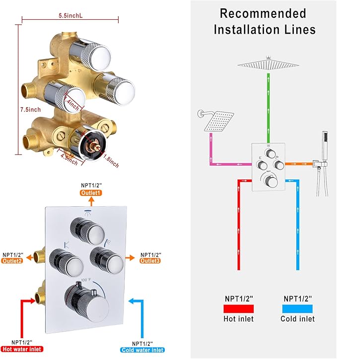 Push Button 3 Way Thermostatic Shower Diverter Valve, Concealed 3 Outlet Multi Function Brass Mixer Shower Valve Kit Can Control Flow and On-Off Simultaneously, Polished chrome