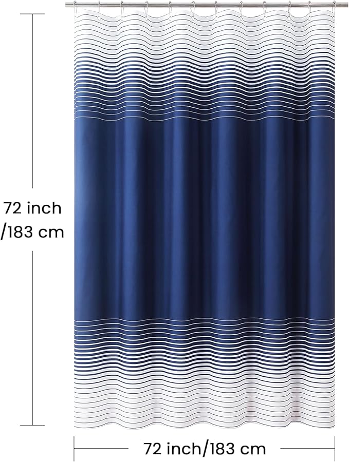 Blue Shower Curtain, Modern Navy Blue and White Gradient Horizontal Stripe Waterproof Polyester Shower Curtains for Bathroom, 72x72 Inches