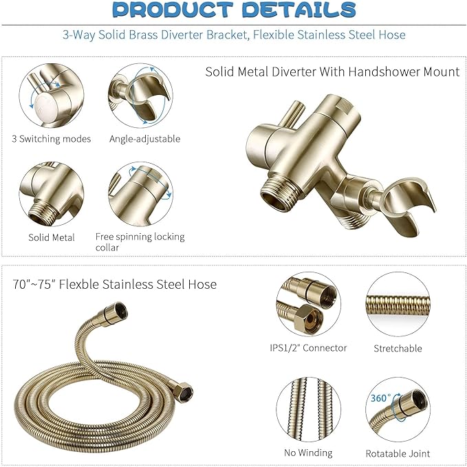 All Metal Shower Faucet Set, Dual Square Shower Head System with Handheld Wand, Diverter, Hose Complete Combo, Pressure Balance Rough-in Valve Included (Brushed Gold)
