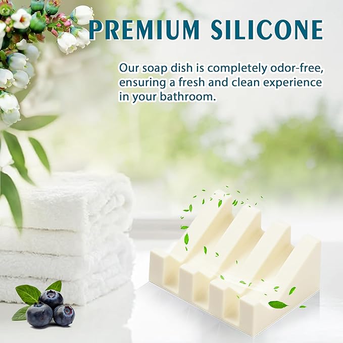 Silicone Soap Dish with Drain, Upgrade Double Suction Cups at The Bottom for Anti-Slip and Stability, Soap Dish Shower Waterfall Bar Soap Holder Tray with Drain Soap Holder (4, CreamWhite)