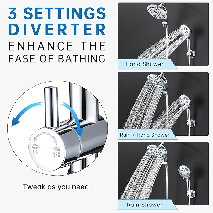 G-Promise Metal Shower Diverter, Handheld Holder Included, 3-Way Diverter for Handheld and Fixed Shower Head ∣3-Settings Universal Bathing System Replacement Part (Chrome)