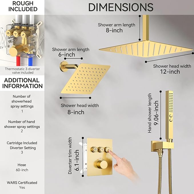 Brushed Gold Shower System, STARBATH Ceiling Mounted 12+8 Inch Rainfall Shower Head with 2 in 1 High Pressure Handhled, Can Use All at Once, Push Button Diverter Thermostatic Valve with Trim Kit