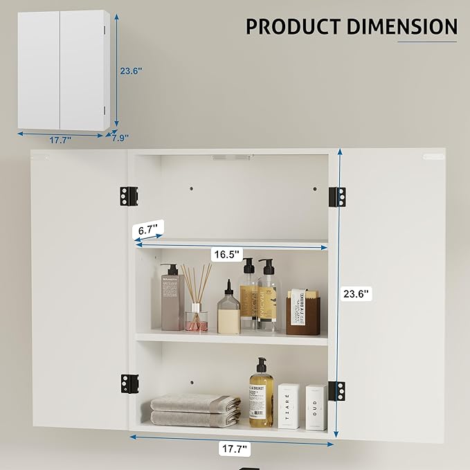 eclife 24" Bathroom Medicine Cabinet W/Mirror, Double Doors Bathroom White Wall Mount Mirror Cabinet, Hanging Triple Shelf Storage Cabinet Opens Left and Right