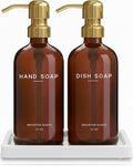 Luxury Glass Hand and Dish Soap Dispenser Set with Tray by Brighter Barns - Kitchen Soap Dispenser with Tray and Pump for Kitchen Sink - Luxury Home Decor for Airbnb, Restaurant, Hotel (Amber/Gold)