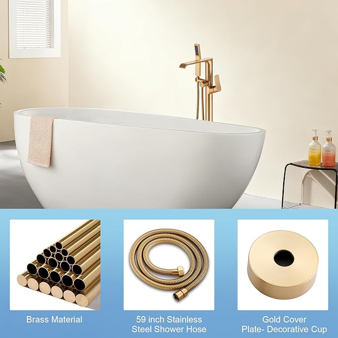 Floor Mount Tub Faucet Gold: Freestanding Bathtub Faucet with Handheld Spray Head - Gold Tub Filler Shower Faucet Set 360 Degree Swivel Waterfall Spout - Beelee