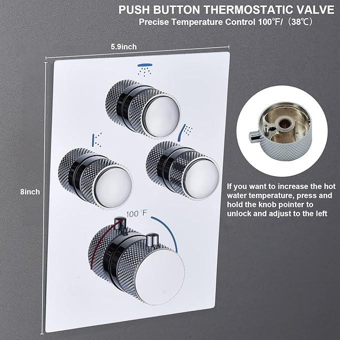 Push Button 3 Way Thermostatic Shower Diverter Valve, Concealed 3 Outlet Multi Function Brass Mixer Shower Valve Kit Can Control Flow and On-Off Simultaneously, Polished chrome