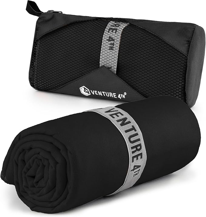 VENTURE 4TH Quick Dry Towel. Microfiber Travel Towel Ideal for Camping, Hiking, Backpacking, Gym. Lightweight & Fast Drying Travel Towels for Body. Compact & Easy to Pack - Black Extra Large