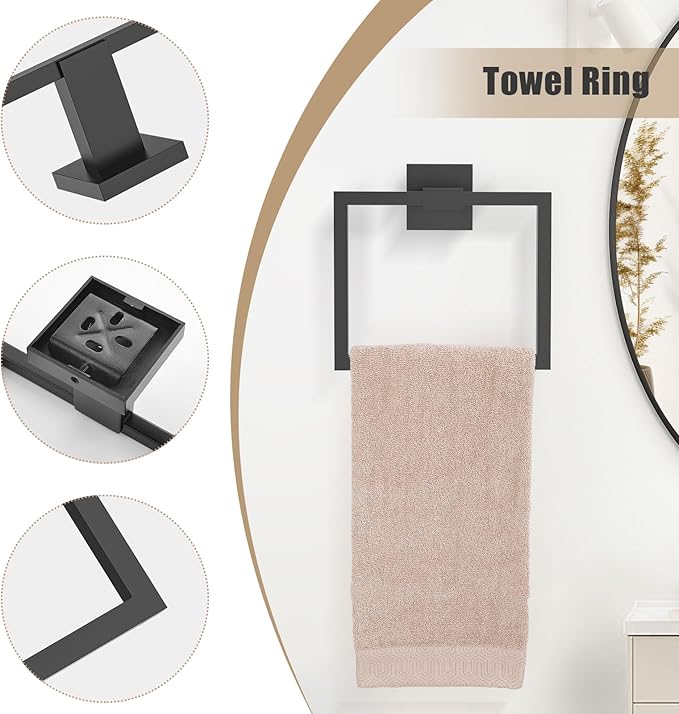 TQKAG Matte Black Bathroom Hardware Accessories Set 5 Pieces, Double Post Pivoting Toilet Paper Holder Set Stainless Steel Square Bathroom Towel Bar Holder Set Wall Mounted