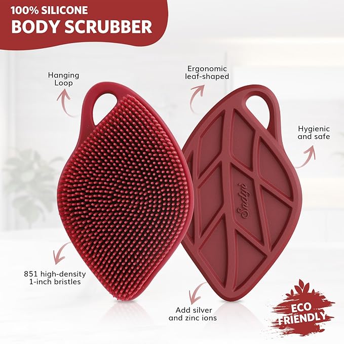 Sndyi Christmas Silicone Body Scrubber, Limited Edition Leaf-Shaped Shower Brush for Gentle Cleanse & Exfoliation, Soft Silicone Loofah Body Brush for Sensitive Skin, Perfect Holiday Gift, Festive Red