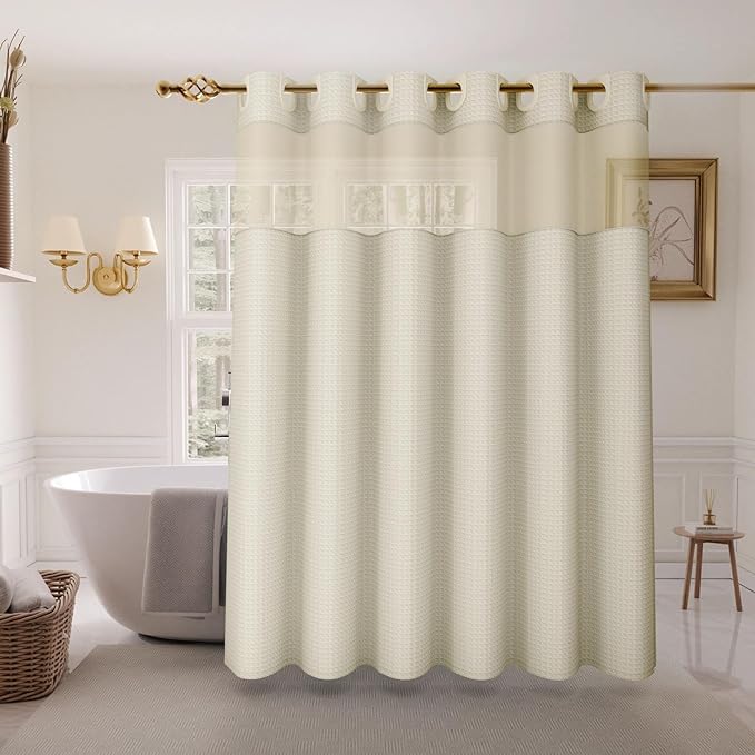 Inhousolu Extra Long No Hook Shower Curtain with Snap in Fabric Liner Set Waffle Weave 230GSM Weighted Hem, Waterproof & Washable Bathroom Curtain Spa Luxury with Mesh Top Window 72" W x 84" L Ivory