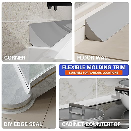 Flexible Molding Trim, Flexible Bendable Adhesive Caulking Strip, Molded Trim, Peel and Stick Home Decorative Edge for Bathroom, Kitchen, Floor, Wall (Grey, 0.83in x 0.24in x 3.3ft)