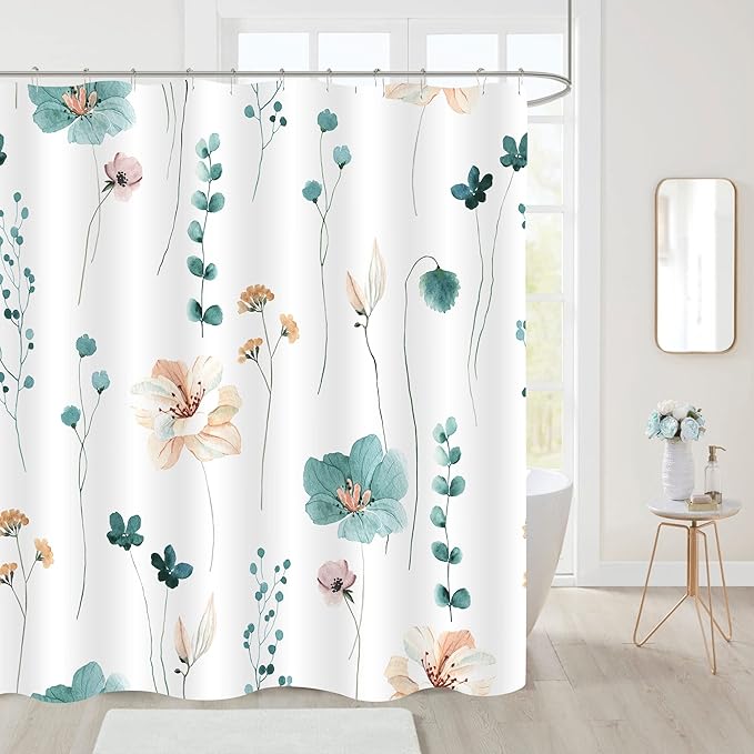 Gibelle Long Shower Curtain 72 x 78, Watercolor Floral Fabric Shower Curtain, Teal Beige Flower Decorative Bathroom Shower Curtain Set