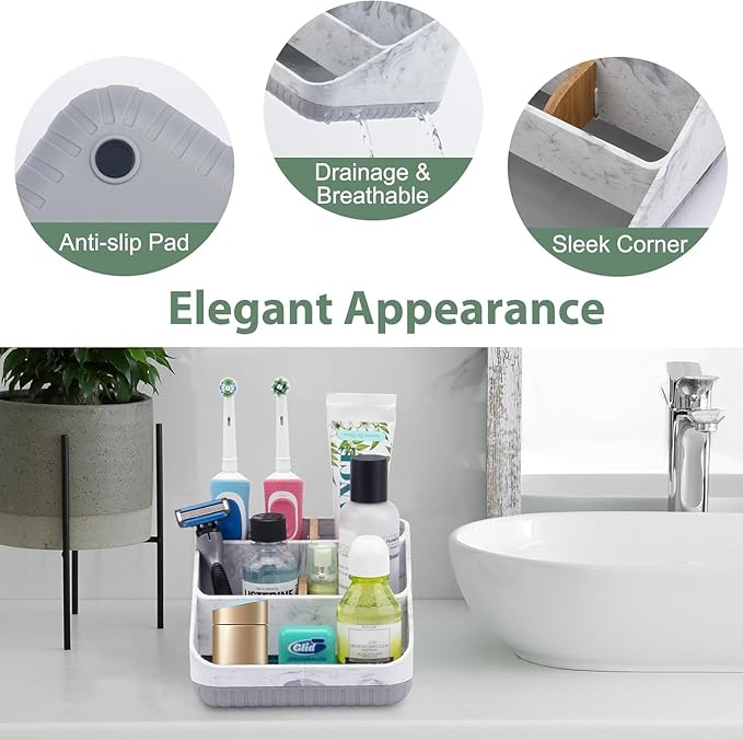 Chintu Toothbrush Holders for Bathrooms - 6 Slots Electric Tooth Brushing Holder, Bathroom Countertop Organizer for Kids Family, Marble Toothbrush and Toothpaste Holder Shower Storage Grey