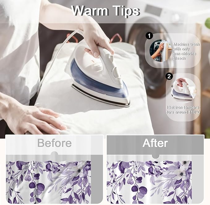 No Hook Shower Curtain and Liner Set, Light Purple Eucalyptus Floral Shower Curtains for Bathroom, Bath Curtain Sets with Snap in Liner, Waterproof with See Through Top Window, 71x77 Inches