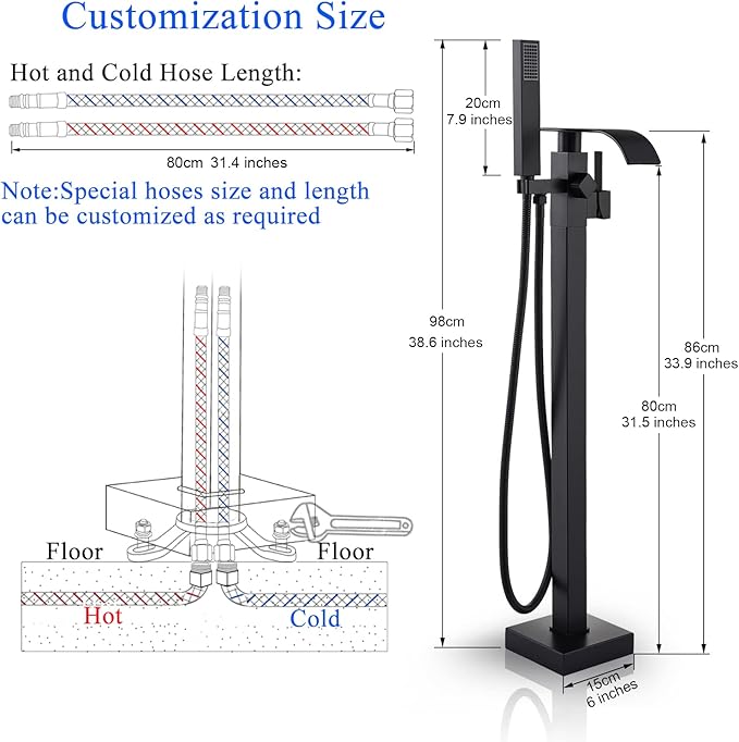 Senlesen Matte Black Free Standing Tub Faucet Floor Mounted Tub Filler Faucet Brass Bathroom Tub Faucets with Hand Shower