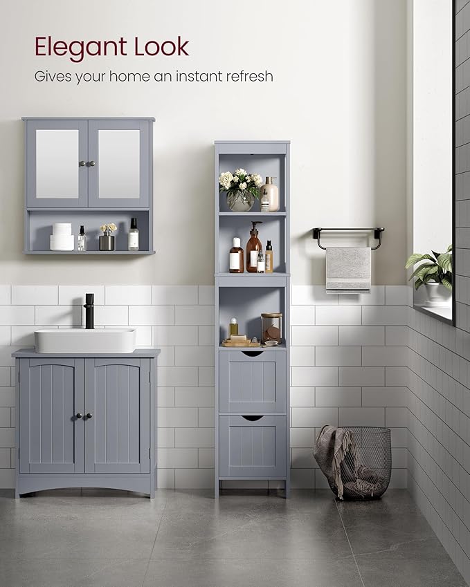 VASAGLE Storage Cabinet, Storage Organizer Rack Stand for Bathroom, Living Room, Bedroom, Multifunctional Corner Unit, 2 Drawers, 55.7 Inches in Height, Dove Gray UBBC066G02