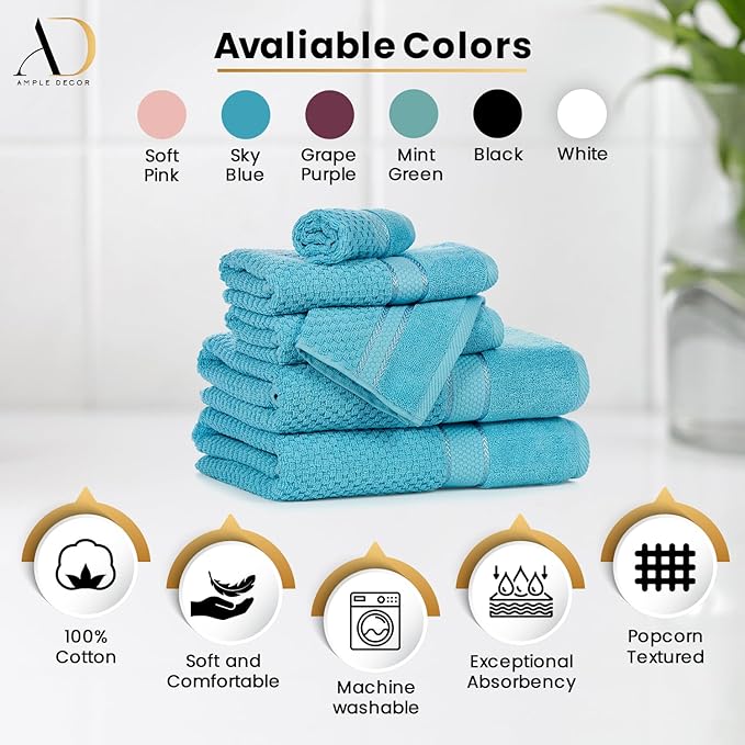 Ample Decor 100% Cotton Sky Blue Hand Towel for Bathroom Set of 2- Super Soft, Quick-Dry, Highly Absorbent, Popcorn Textured - Mulaayam Collection - 18 X 28 Inch