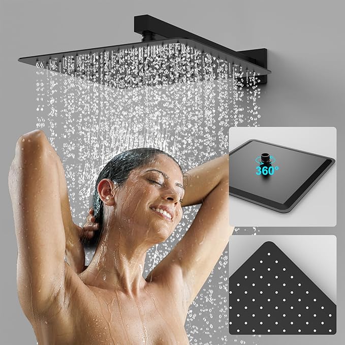 Shower System Modern Rain Brass Faucet Set With Valve and Diverter Shower Mixer With Handheld High Pressure Square Rainfall Shower Valve (12'' Wall Mount, Matte Black)