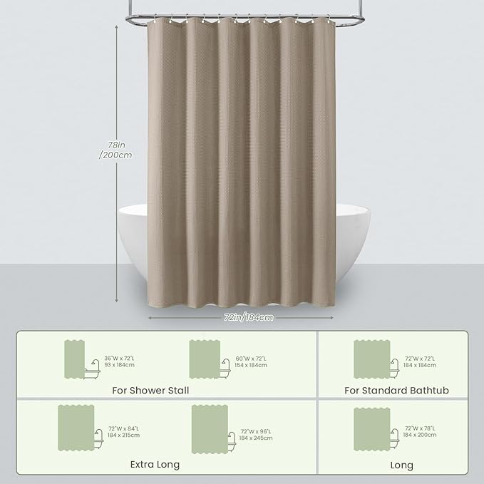 Inhousolu Fabric Shower Curtain Waffle Weave, 230 GSM Heavy Duty, Weighted Hem, 14 Metal Hooks, Water Repellent, Machine Washable, Hotel Spa Luxury Bath Curtain Set, 72 x 78 Inch, Beige