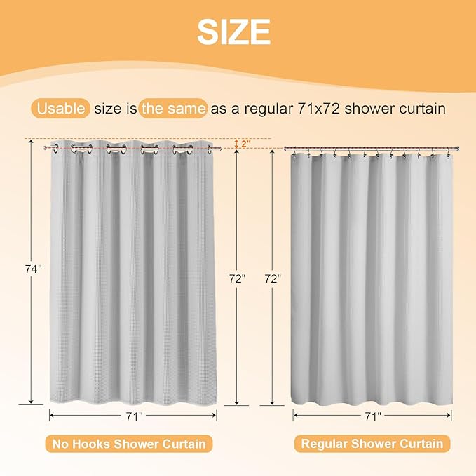 River Dream Grey Cotton Blend Shower Curtain with Snap in Liner, No Hook Heavy Duty Shower Curtains for Bathroom, Hotel Grade, Water Repellent, 71" Wx74 L