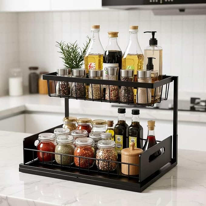 Under Sink Organizer Pull Out Kitchen Sink Organizer, 2 Tier L-Shape Bathroom Organizers and Storage with Sliding Drawer for Kitchen Bathroom Pantry (Black, 1 Pack)