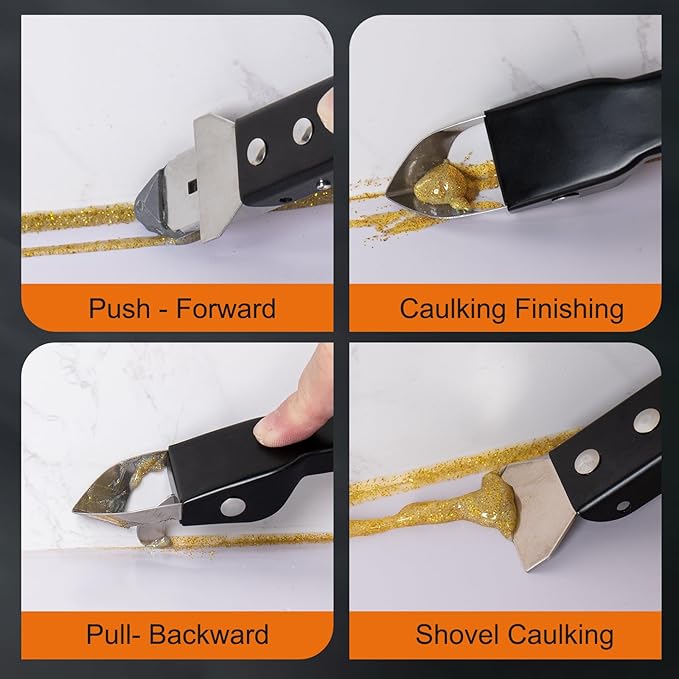 Caulking Tool Kit, Stainless Steel Caulk Remover Tool, 4 in 1 Grout Removal Tool, Sealant Finishing Tool with 5 Silicone Pads, Caulk Removal Tool for Shower Kitchen Bathroom Floor Window Sink, Black