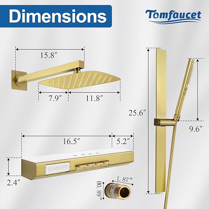 Brushed Gold 12" Rainfall Shower System with Handheld & Body Jets, Wall-Mounted Rain Shower Kit with Slide Bar Combo, Pressure-Balanced Valve with Tempered Glass Shelf & Waterfall Spout Shower Set