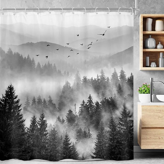 Riyidecor Mountain Shower Curtain 60Wx72H Inch Black Pine Tree Nature Scenery Woodland Landscape Rustic Mens Bathroom Decor Fabric Polyester Waterproof 12 Pack Hooks