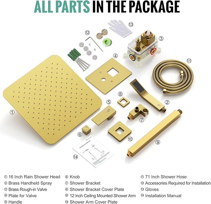 SR SUN RISE 16 Inch Ceiling Mounted Shower System Rain Mixer Shower Combo Set Rainfall Shower Head System Brushed Gold Shower Faucet Rough-in Valve Body and Trim Included