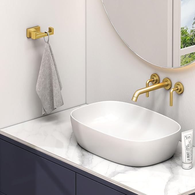 Angle Simple Double Towel Hook Brassy Gold 2 PCS, SUS304 Stainless Steel Bathroom Hand Towel Holder, Double Robe Hook for Wall