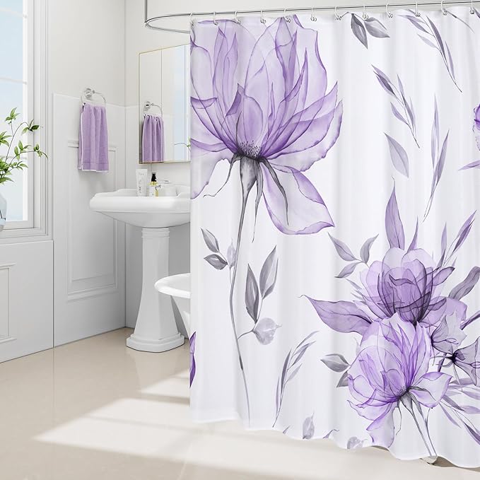 Purple and Grey Boho Watercolor Floral Shower Curtain, Ink Painting Style Blossom & Leaf Shower Curtains for Chic Elegant Bathroom, Artistic Fabric Cloth Flower Shower Curtain, 72x72