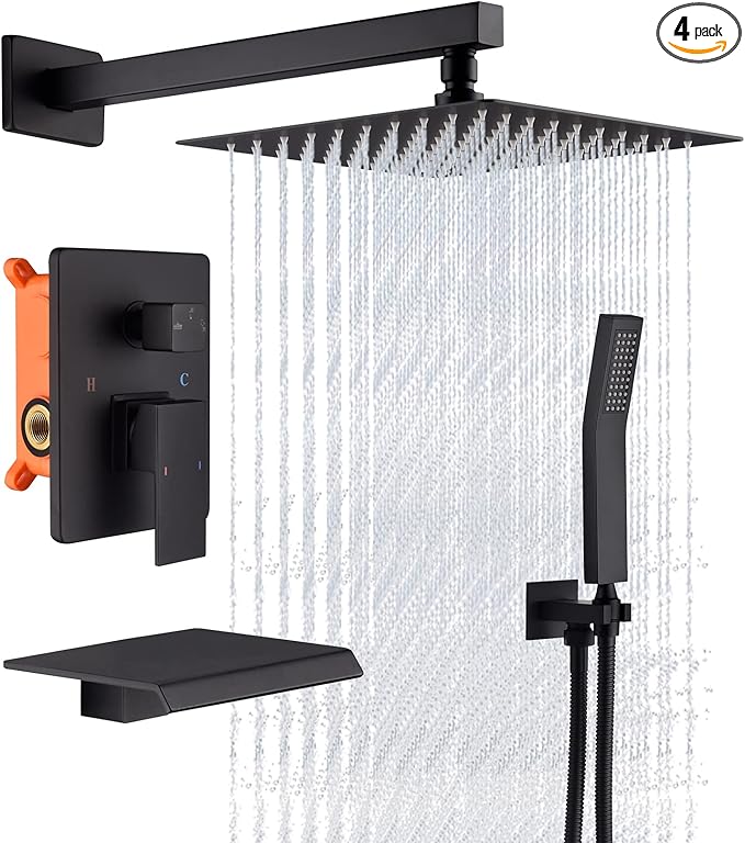 Shower System Bathtub Shower Faucet Set with Tub Spout, Matte Black 10" Shower Head Hand Held Bathroom Rain Mixer Tub Shower Combo Set Wall Mounted with Valve