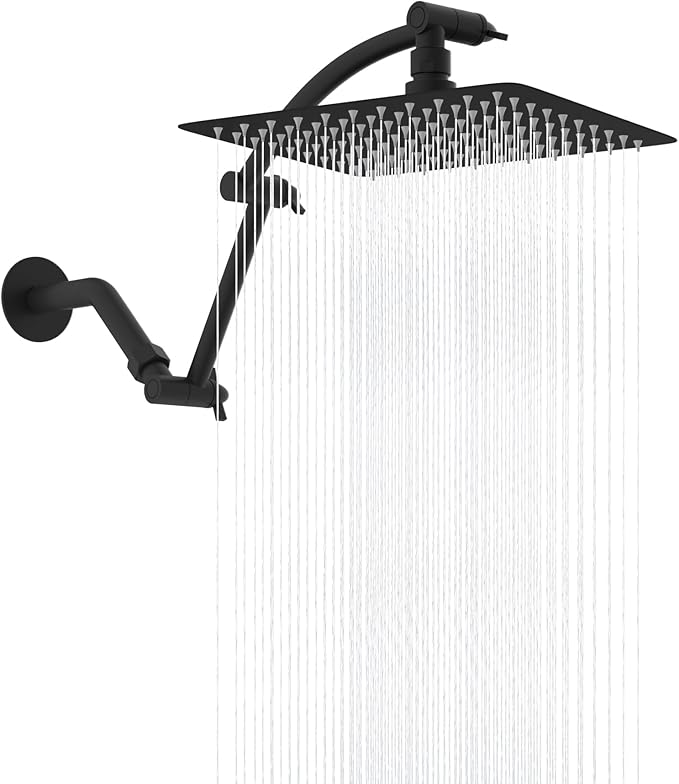 Hibbent All Metal cUPC Certified Rain Shower Head, 10'' High Pressure Rainfall Showerhead with 16" Shower Head Extension Arm, Solid Brass Adjustable Shower Arm Extender, fixed Showerheads, Matte Black