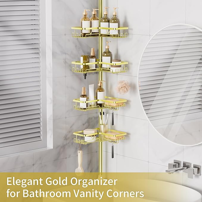 KEGII Corner Gold Shower Caddy Tension Pole - 4-Tier Rustproof Shower Rod Organizer, Floor to Ceiling Tension Rod 25-114.2 inch, Stainless Steel Corner Shower Shelf, Waterproof