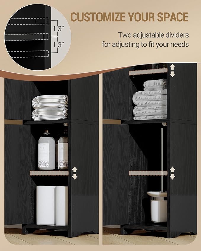 Bathroom Storage Cabinet, Corner Floor Cabinet with 2 Doors and Adjustable Shelf, Narrow Toilet Paper Cabinets, Bathroom Organizer for Small Spaces, 7.9" D x 7.9" W x 29.5" H Black