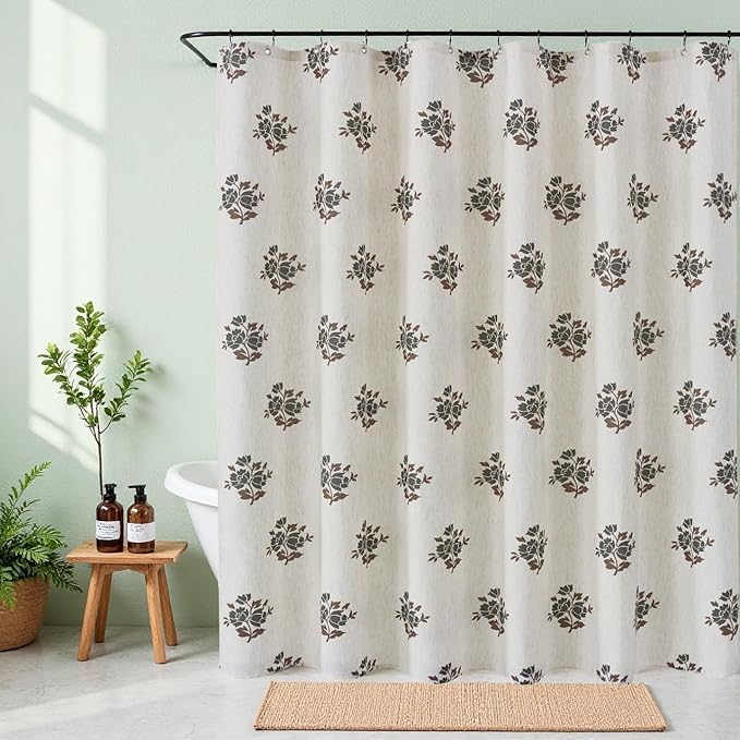 ORTIGIA Linen Green Shower Curtains for Bathroom Neutral Farmhouse Block Print Shower Curtain Set with Metal Hooks Waterproof Aesthetic Retro Fabric Bath Curtain for Home, Weighted, 72x72