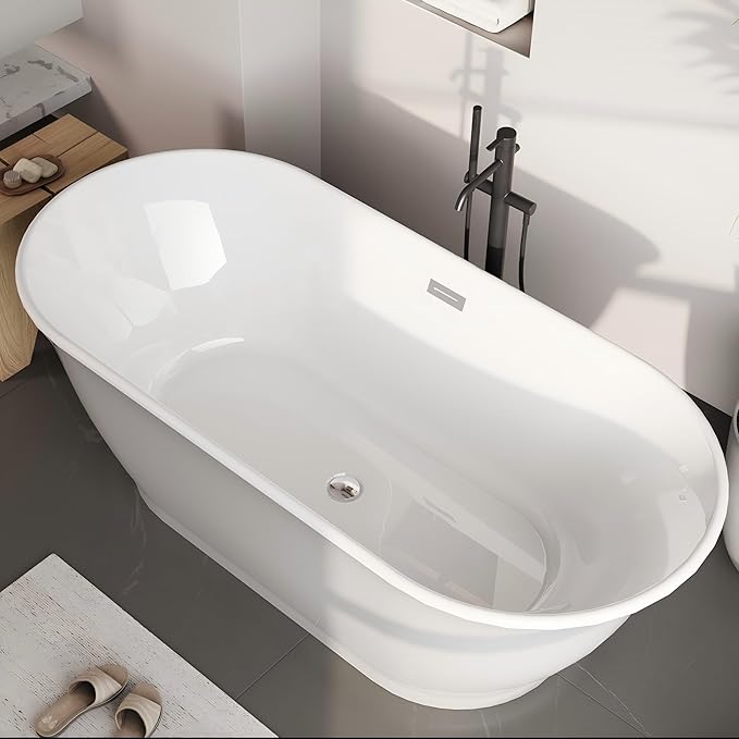 Freestanding Bathtub, 59 Inch Acrylic Soaking Tub, Elliptical Design with Chrome Drain & Overflow, Dual-Tone White & Gray Finish for Contemporary Bathrooms