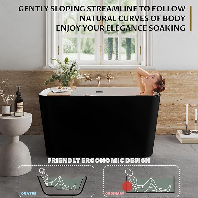 49" Acrylic Freestanding Bathtub, Soaking Tub with Seat, Toe-Tap Drain, Slotted Overflow, Deep Ergonomic Design, cUPC Certified, Black