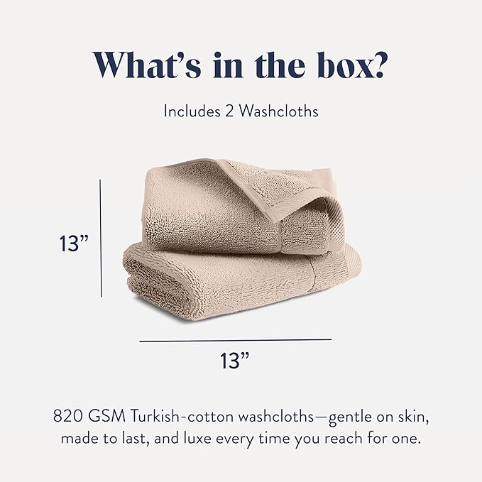 Brooklinen Super-Plush Turkish Cotton Washcloths - Set of 2 - Cotton, 820 GSM, Highly Absorbent, Machine Washable, Perfect for Home & Bathroom (13" x 13", Driftwood)