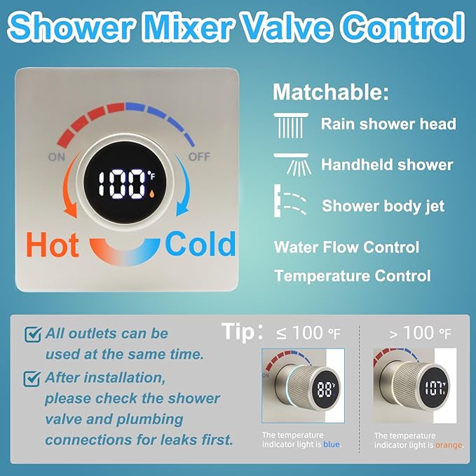 Digital Display Shower Valve Shower Valve Single Way Shower Diverter Valve Shower Mixing Valve Can Use All the Time Brushed Nickel