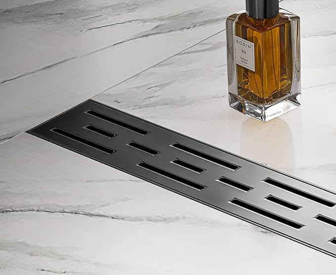 HEATGENE 28-Inch Linear Shower Drain in Matte Black - Stainless Steel Rectangular Shower Floor Drain - Removable Decorative Cover - Adjustable Leveling Feet - CUPC Certified