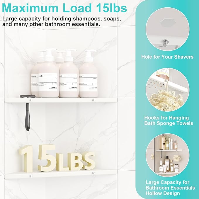 10" Bathroom Corner Shelf, 2 Pack Recessed Shower Shelf Caddy, SUS304 Stainless Steel Shelf Wall Mount Triangular, No Drilling Matte White