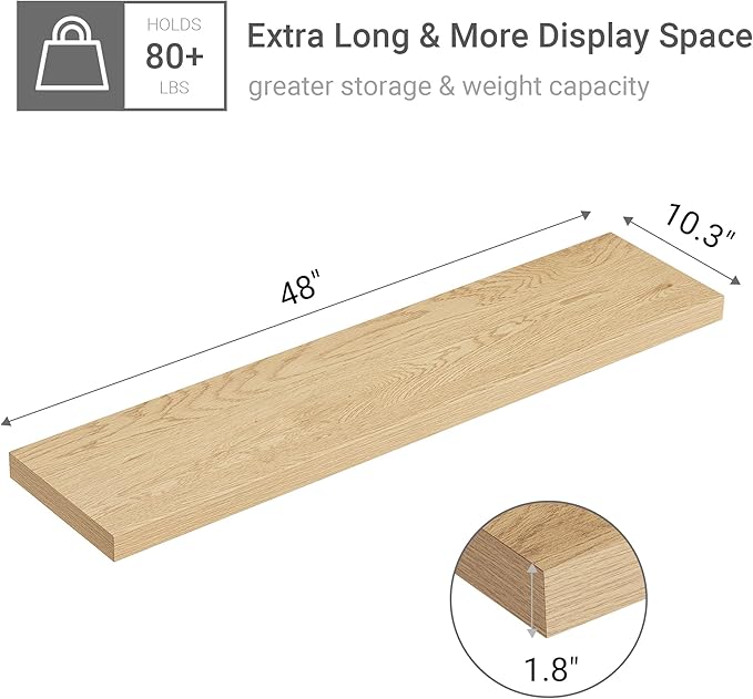 Vivelove Single Floating Shelves Oak 48 Inches, 48 x 10 inch Deep x 1.8 in Thick, Long Wall Shelves Heavy Duty 80 lbs for Bedroom, Living Room, Kitchen, Office, Modern Shelf Book Home Decor